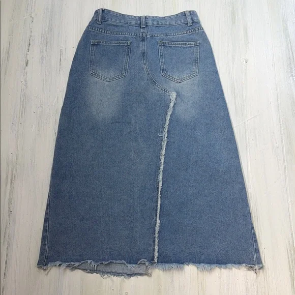 Veveret Frayed Slit Asymmetric Denim Midi Skirt  Sz M - Picture 9 of 12